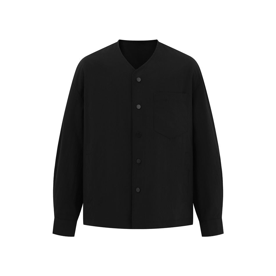 Front view of a black long-sleeved V-neck shirt jacket with snap buttons, one chest pocket, and buttoned cuffs.