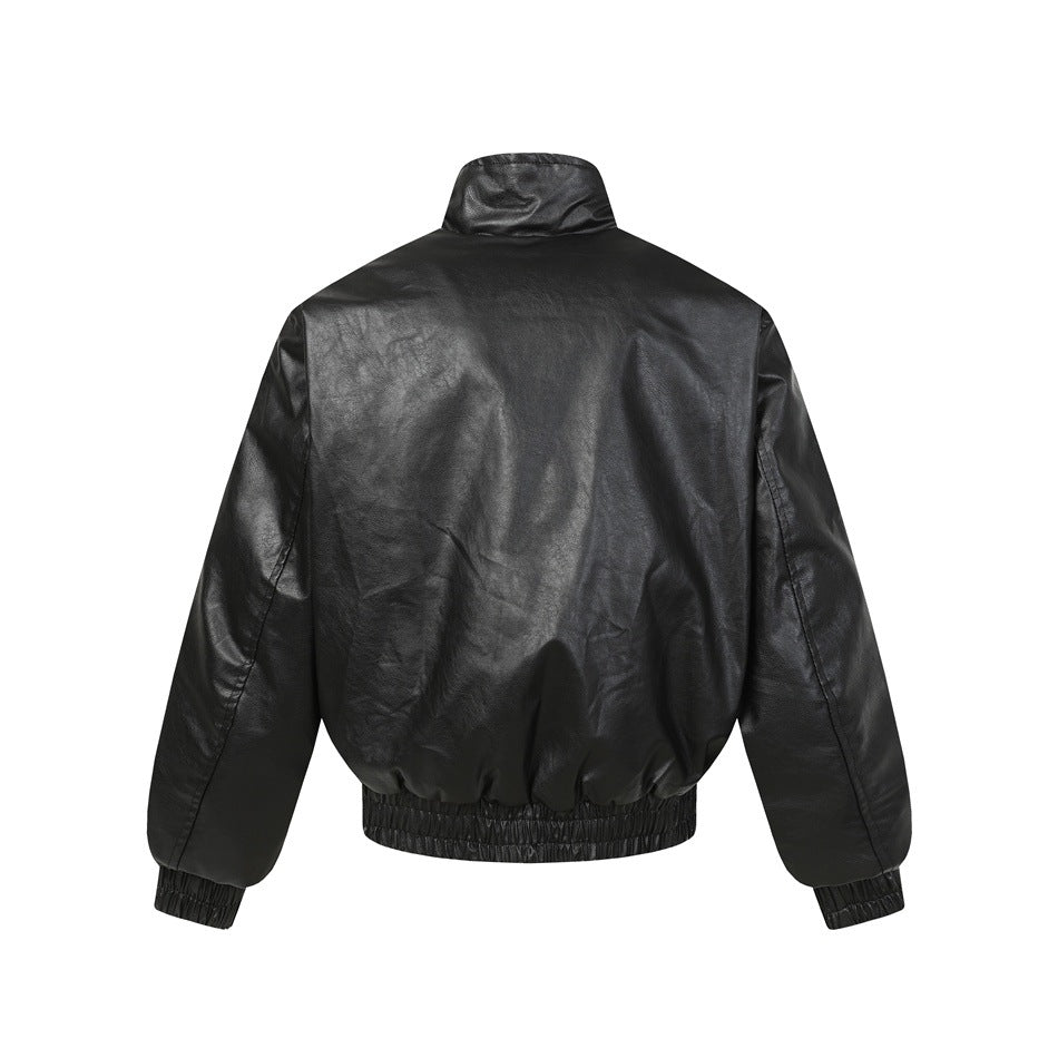 Back view of black leather-look bomber jacket with stand collar and elastic gathered hem and cuffs