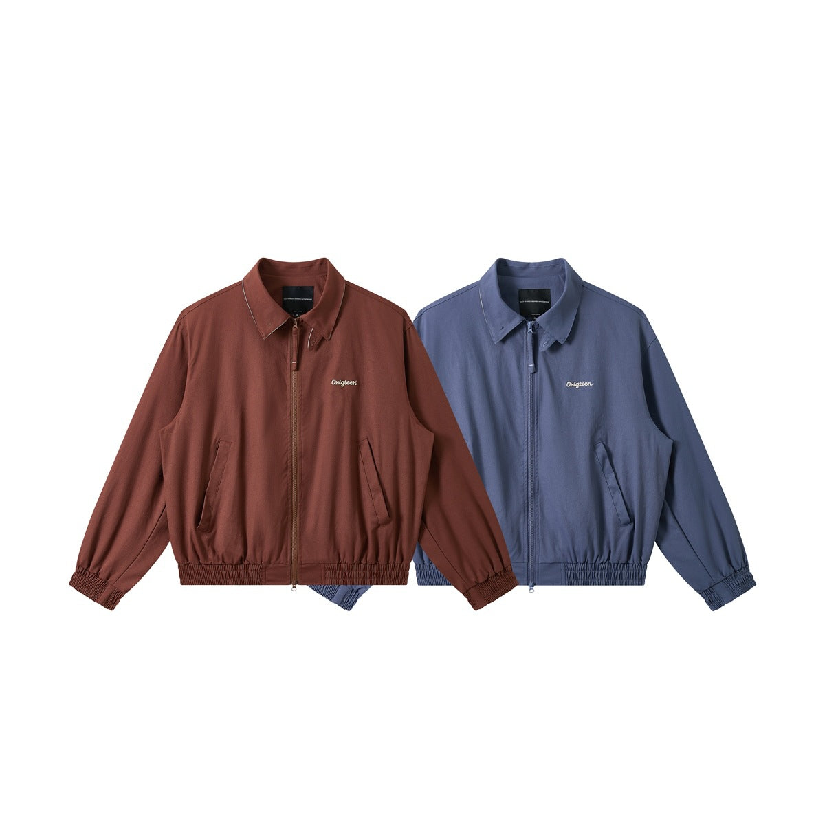 Two zip-front jackets shown from the front: rust brown and slate blue, with pointed collars and gathered cuffs and hems.