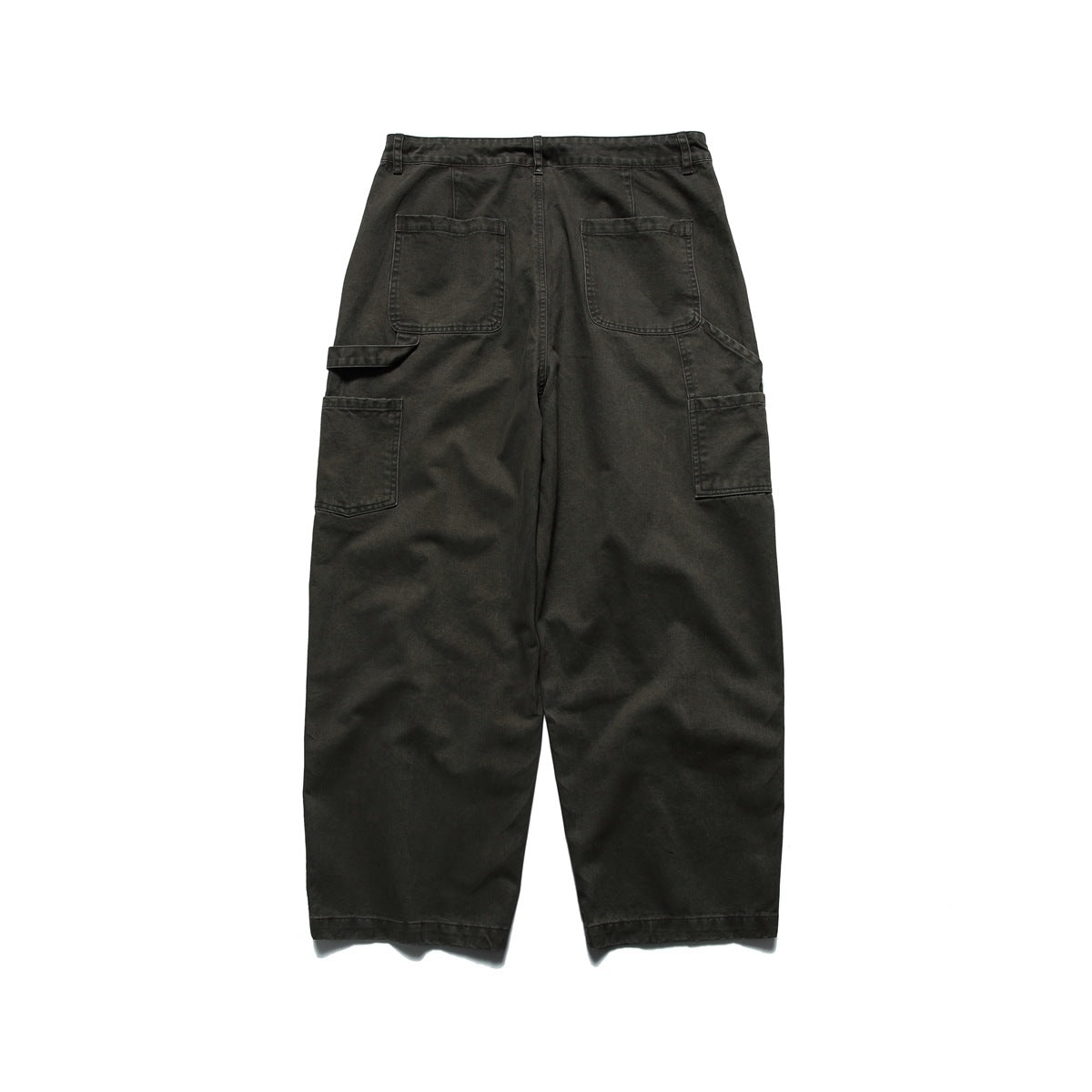 Dark gray wide-leg work pants flat lay, back view with two patch pockets, side pocket and hammer loop
