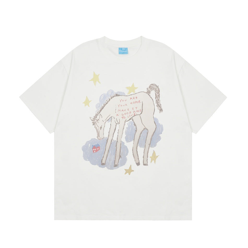 White short-sleeve crew-neck t-shirt with a horse, clouds, stars and small red house print on the front