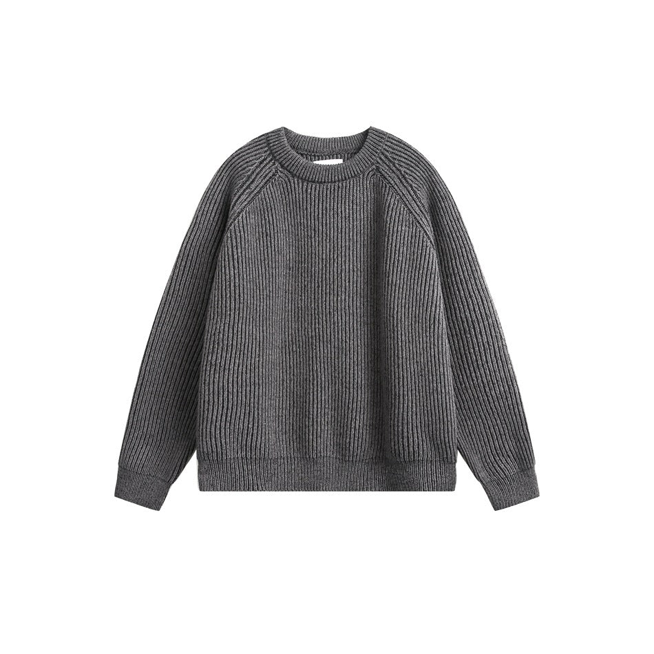 Dark gray rib-knit crewneck sweater with raglan sleeves, flat front view on white background