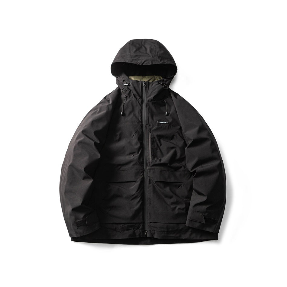 Front view of a black hooded jacket with a full-length zipper, drawstrings and multiple pockets.
