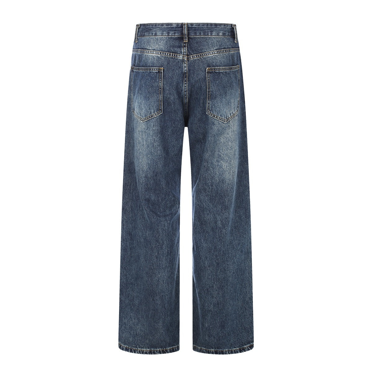 Back view of vintage blue wide-leg jeans with two patch pockets and a faded wash
