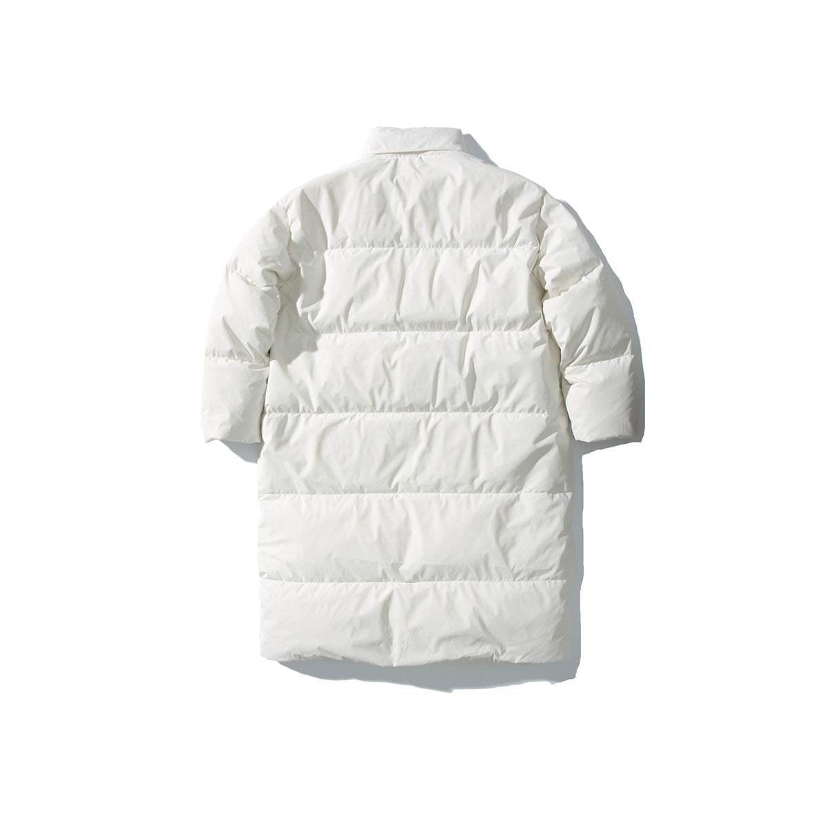 Back view of a white long quilted puffer coat with a high collar and horizontal stitched sections.