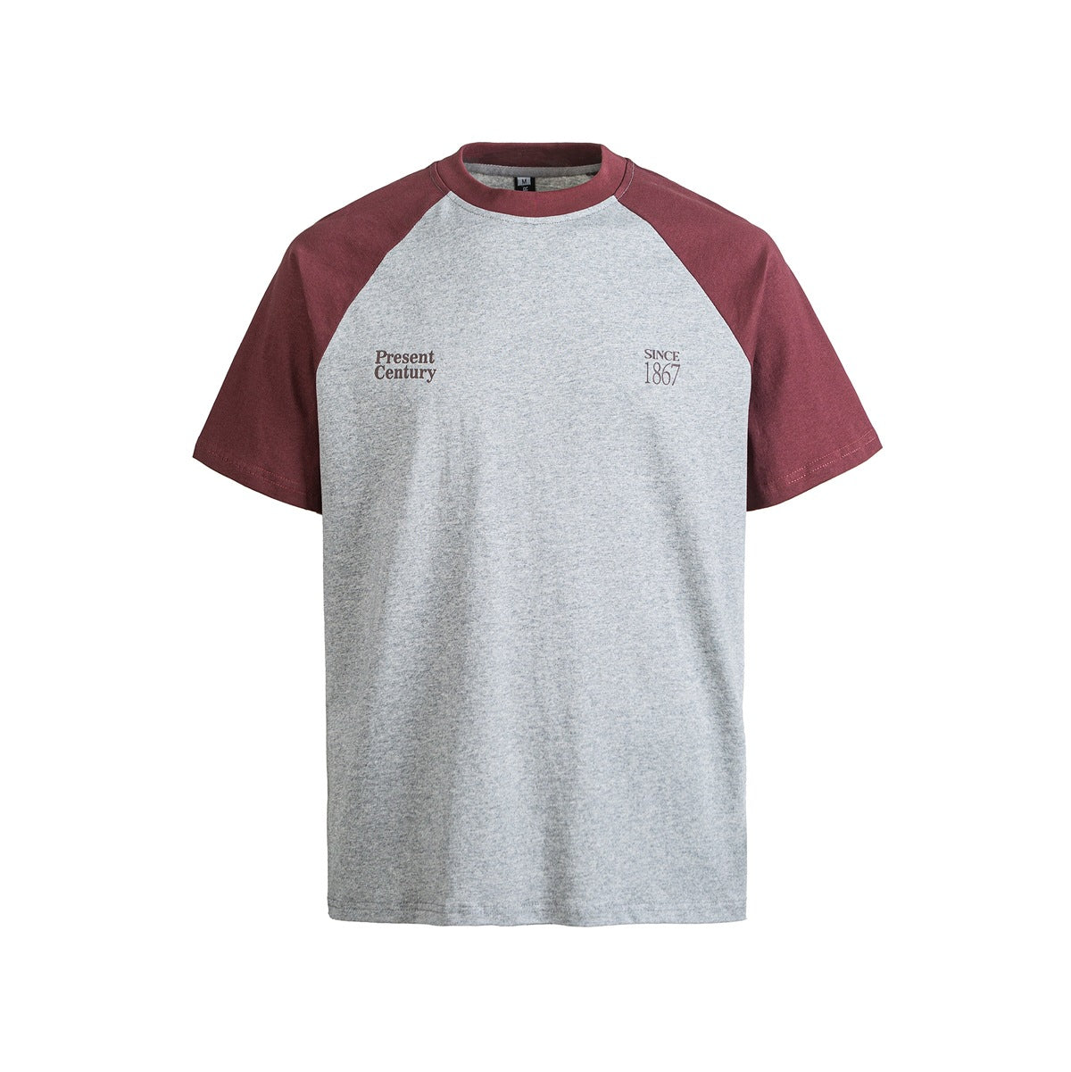 Burgundy and heather gray raglan short-sleeve T-shirt with small chest text graphics, flat front view