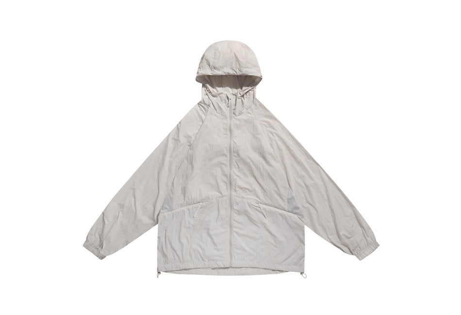 Light gray-beige hooded zip-up lightweight jacket flat lay with zip pockets and drawcord hem