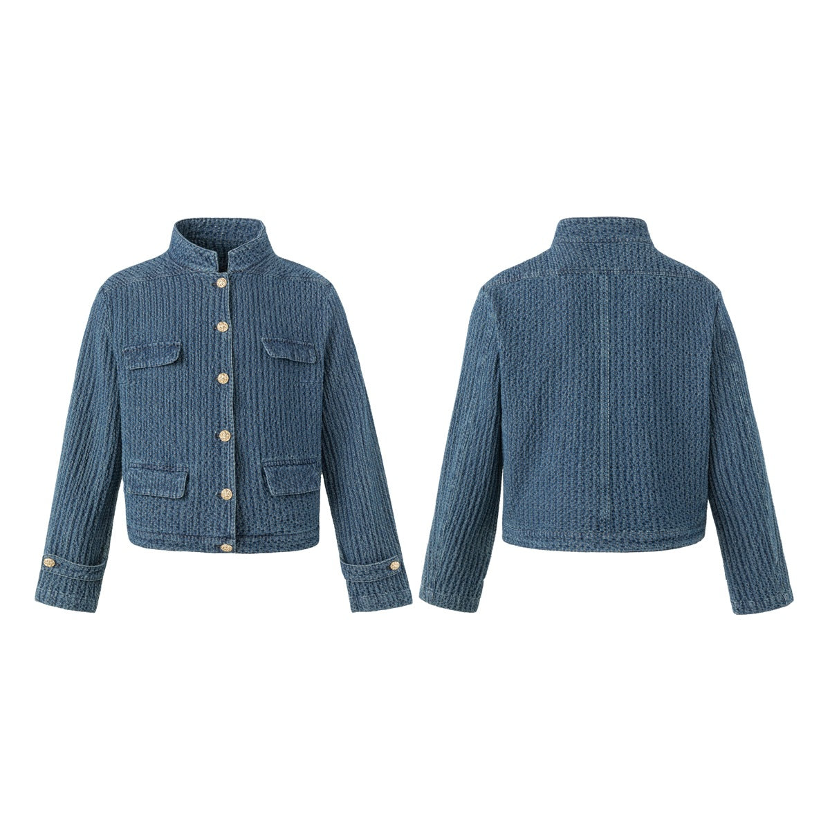 Blue textured jacket shown from the front and back, with gold buttons, a stand collar, and multiple flap pockets.