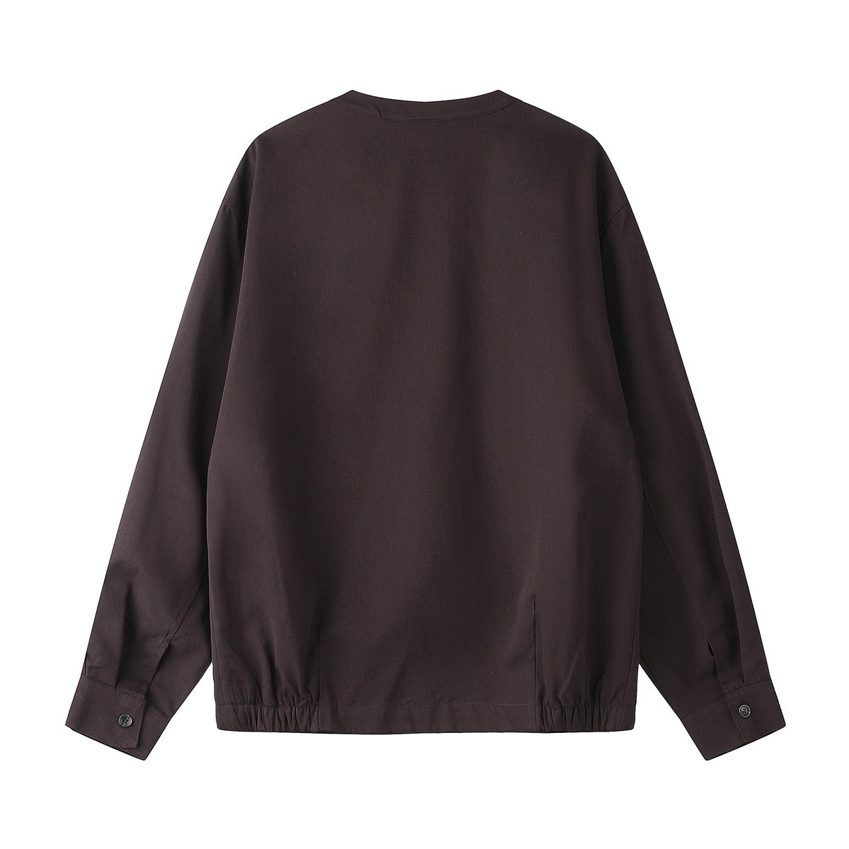 Back view of a dark brown long-sleeve shirt with a gathered hem and button cuffs, shown flat on white.