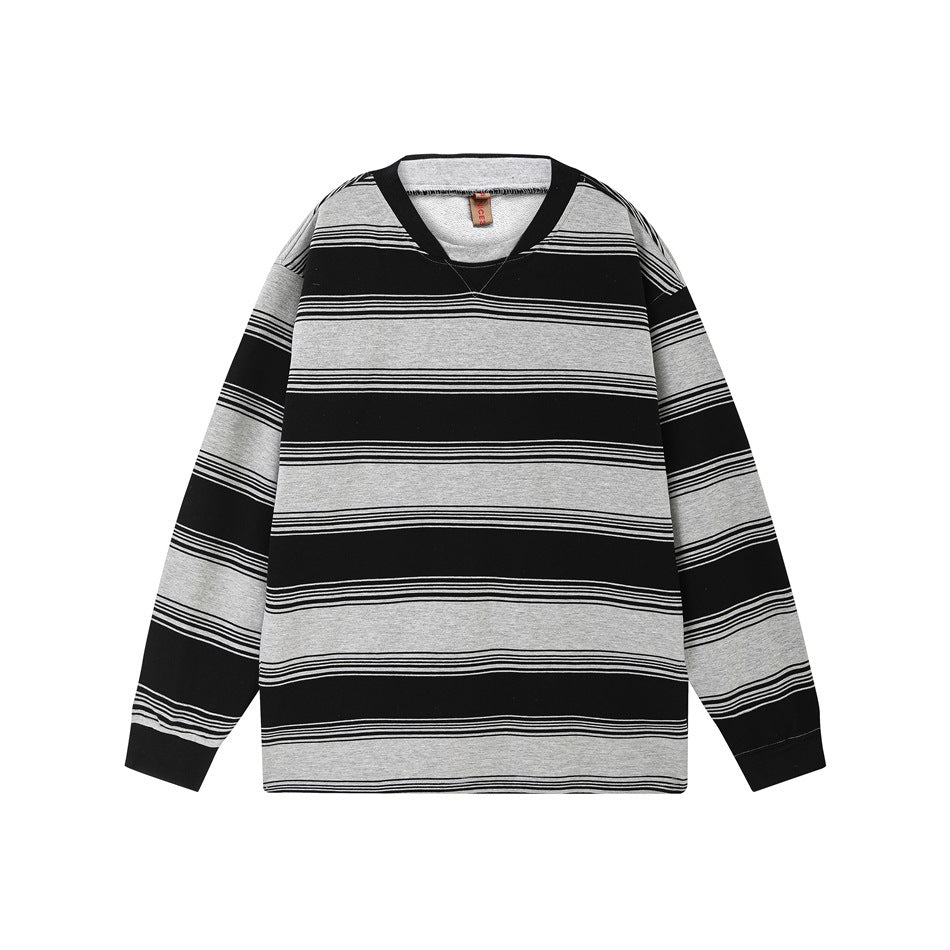 Flat-lay front of a crew-neck sweatshirt with wide black and heather gray stripes and thin pinstripes