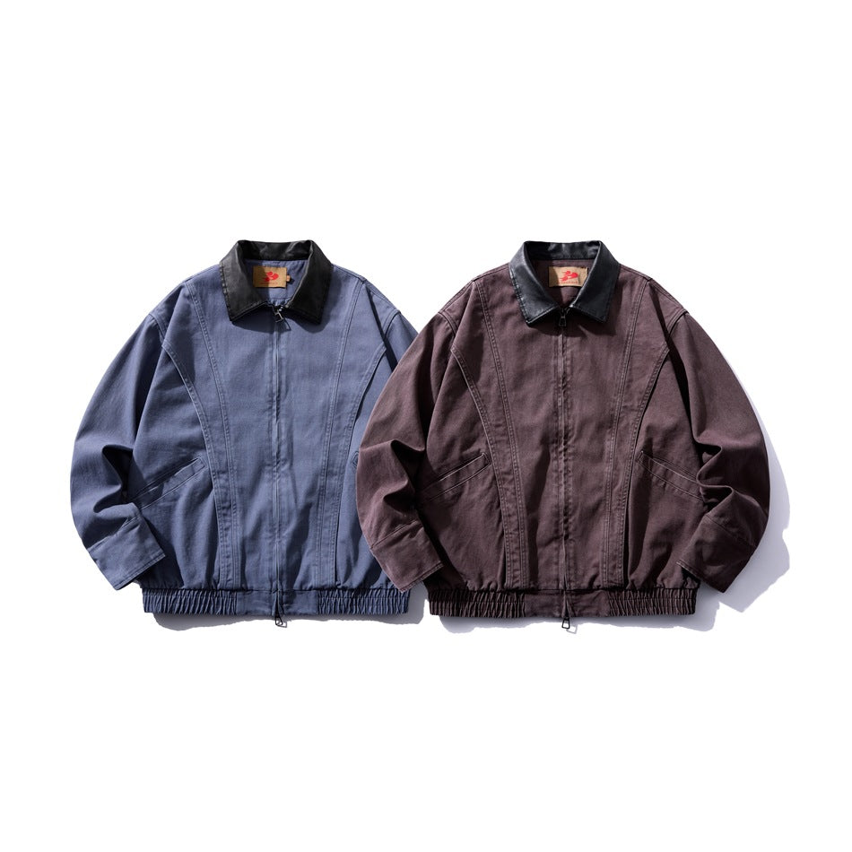Two jackets shown from the front: one blue and one dark plum, both with black collars and gathered hems.