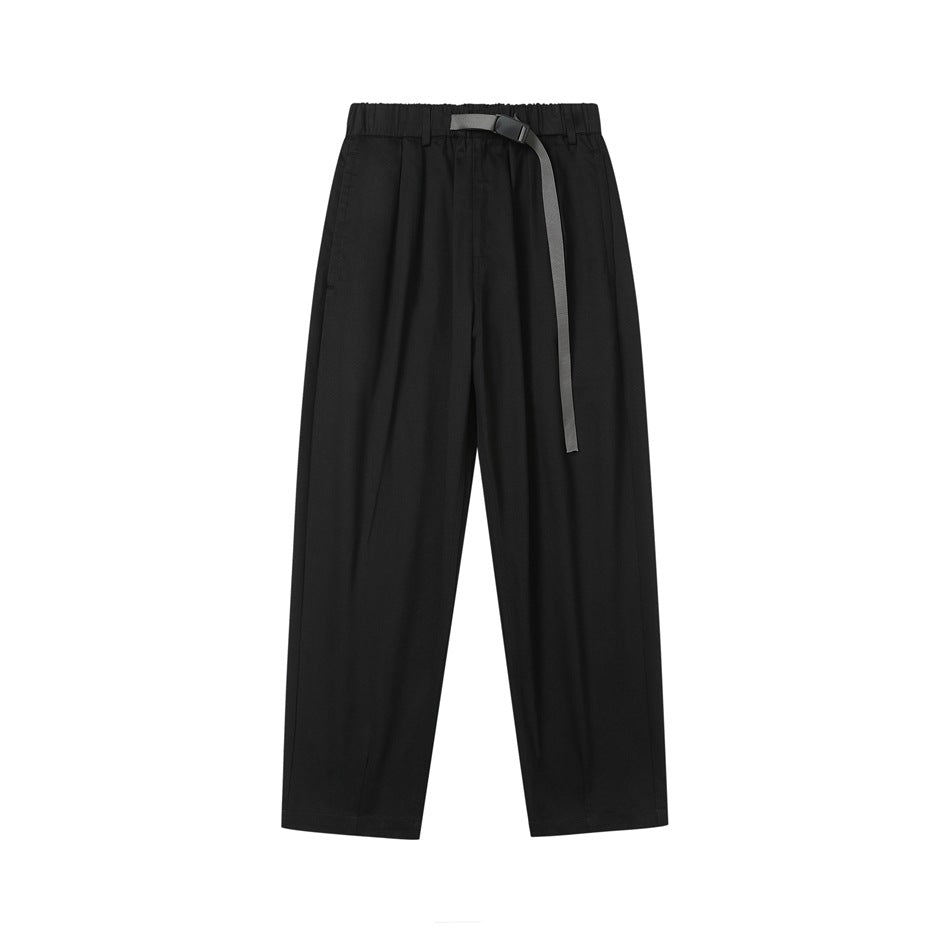 Black wide-leg pants with elastic waist and gray webbing belt, flat lay front view