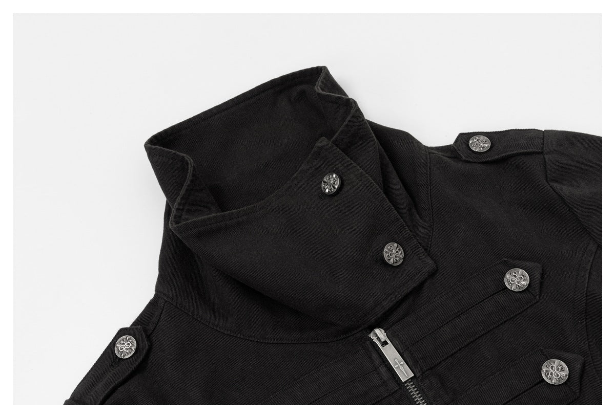 Close-up showing the jacket's tall folded collar, silver buttons, shoulder tab, and zipper pull.