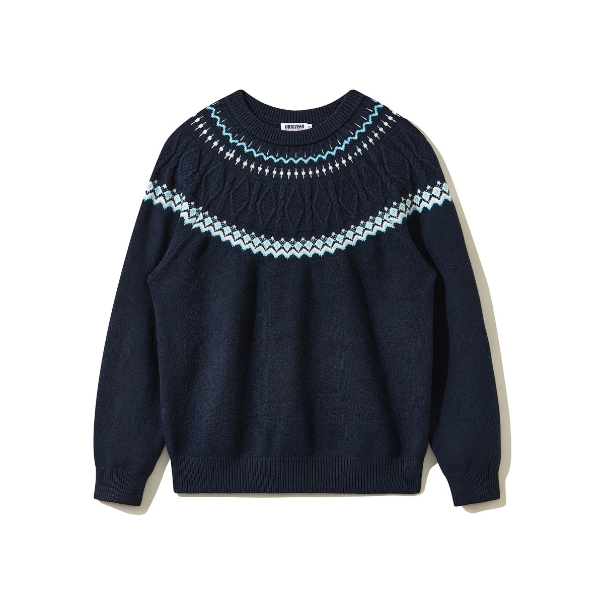 Navy crew-neck knit sweater with light blue and white Fair Isle yoke pattern, flat lay front view