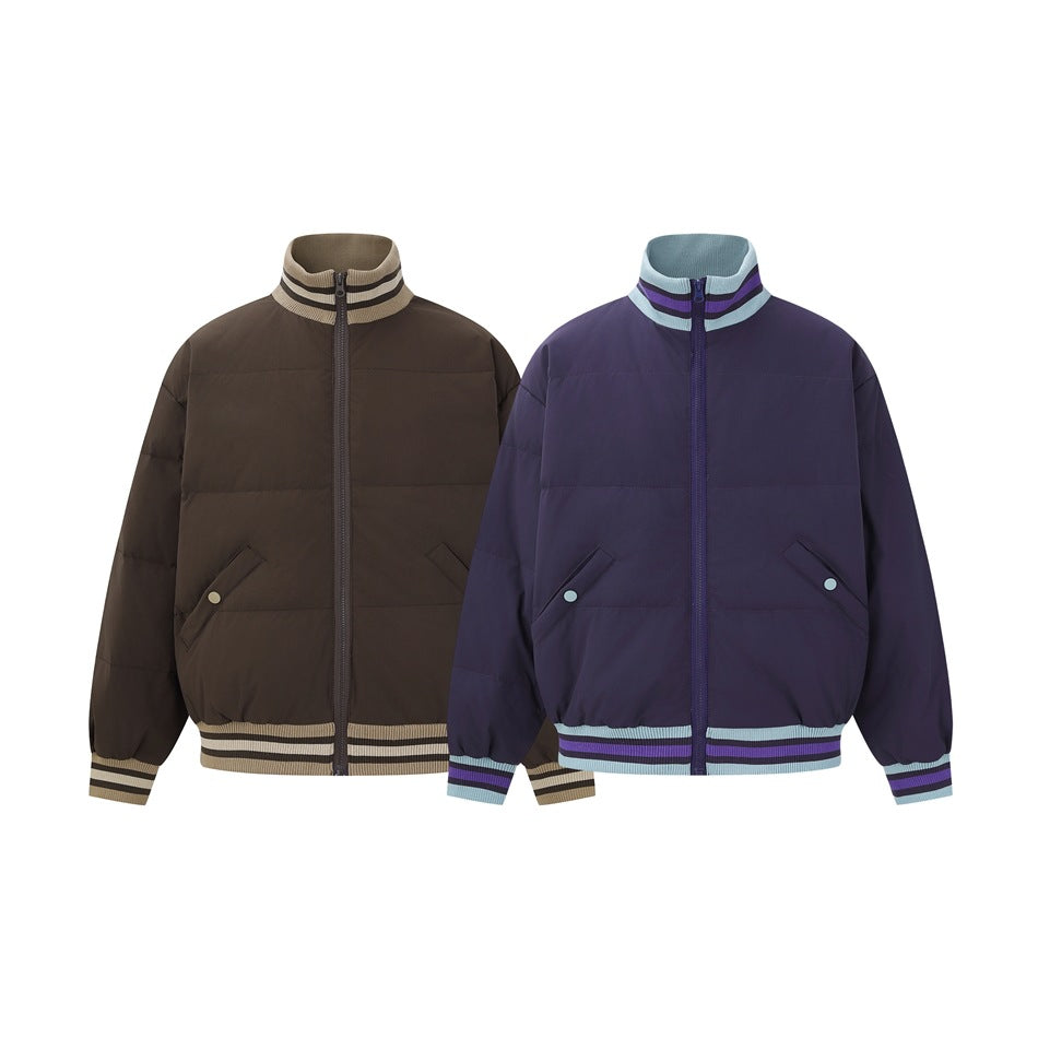 Two front-view zip jackets: one brown with beige striped ribbing, and one dark purple with light blue and purple striped