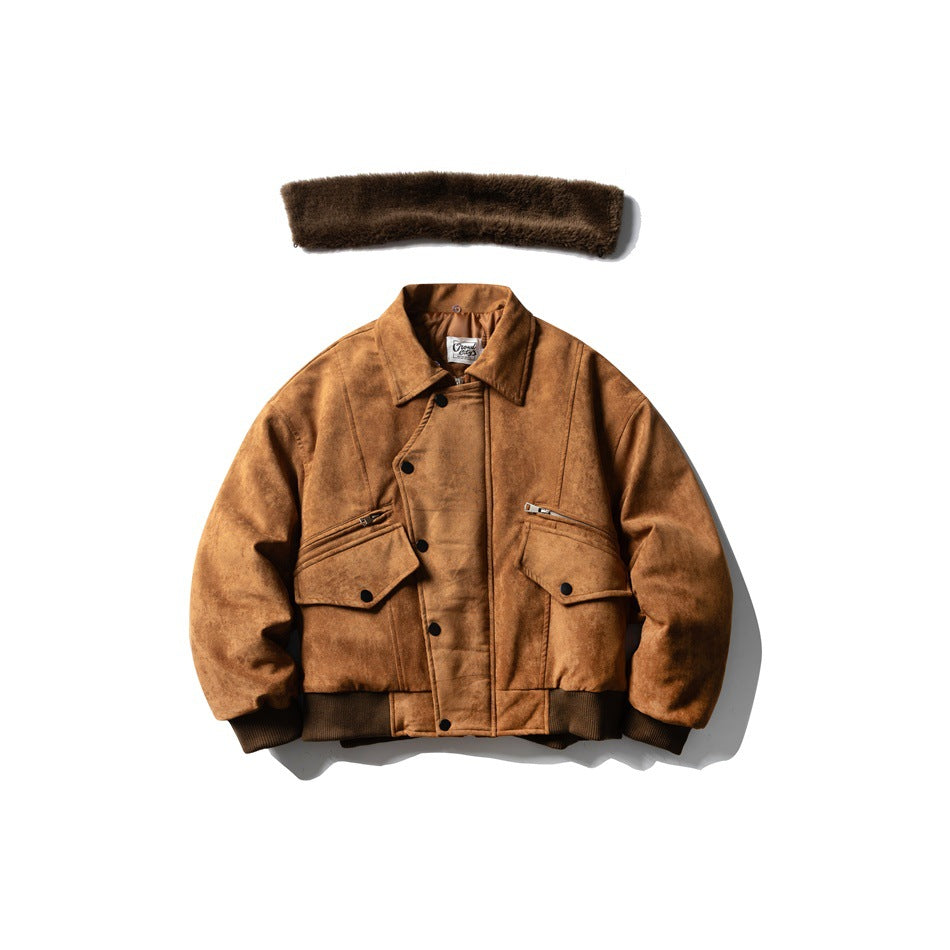 Front view of a brown jacket with a pointed collar, snap placket, zippered flap pockets, and dark ribbed cuffs and hem; fur