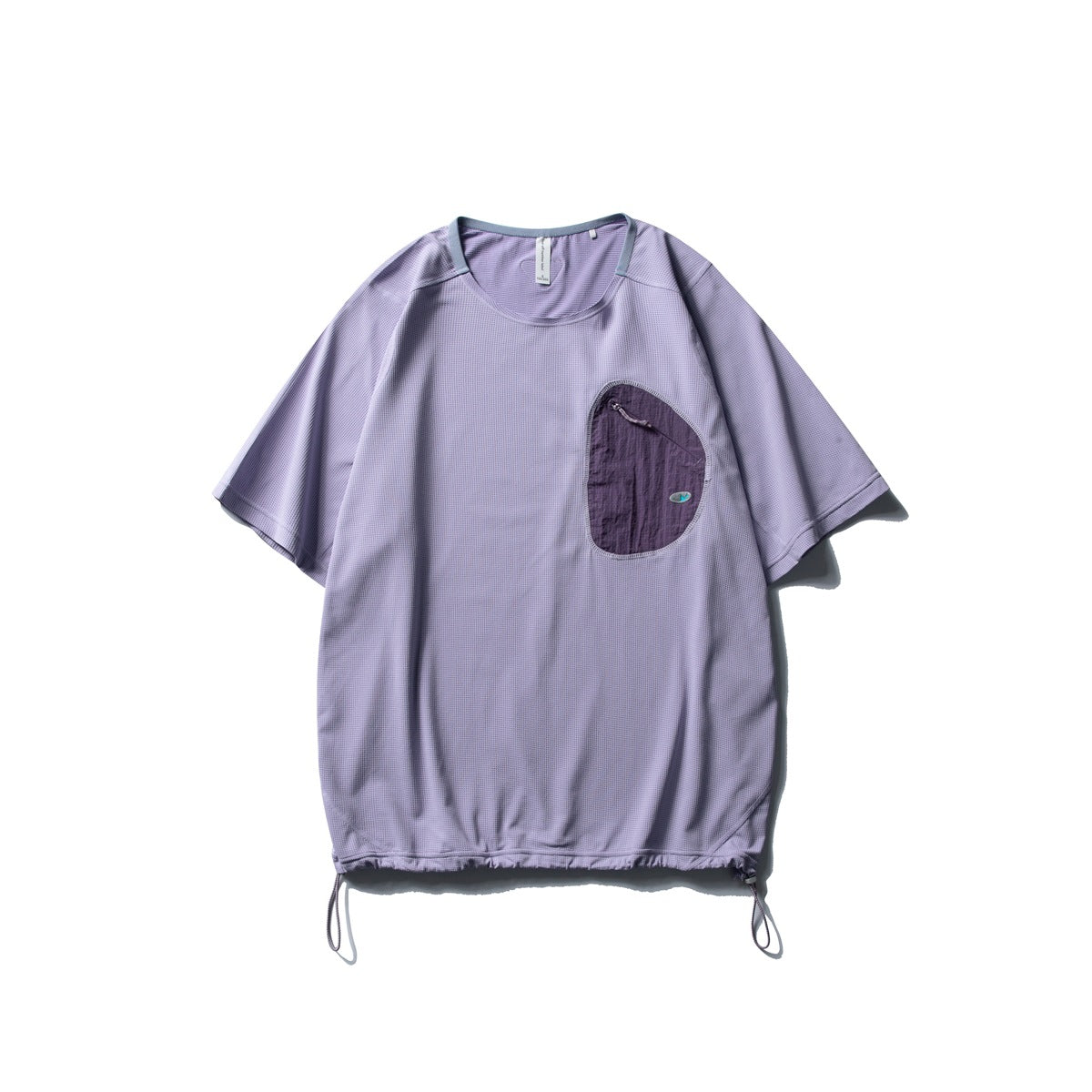 Lavender purple short-sleeve T-shirt with dark purple asymmetric zip chest pocket and drawcord hem