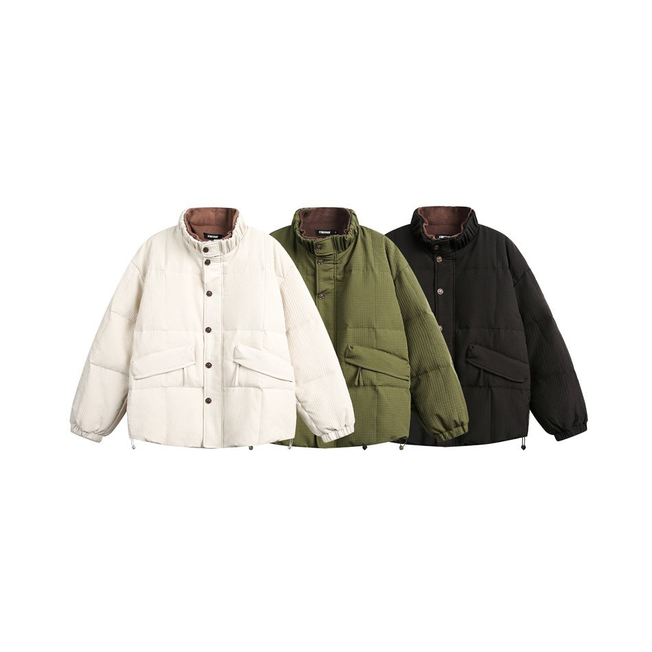 Three padded stand-collar jackets shown together in cream, olive green, and black.