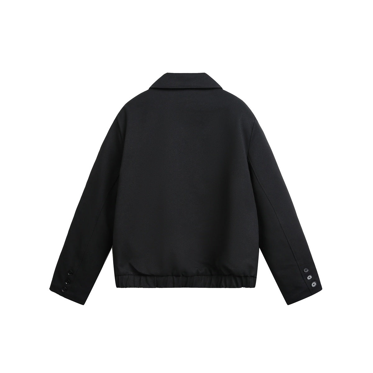 Back view of a black cropped jacket with a folded collar, elastic hem, and three-button cuffs.