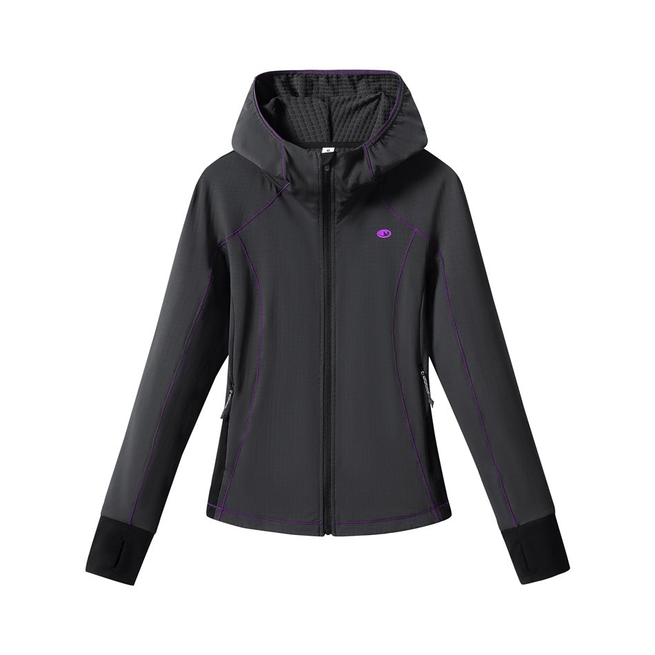 Black-gray full-zip hooded jacket with purple topstitching, black cuffs and thumbholes, flat front view