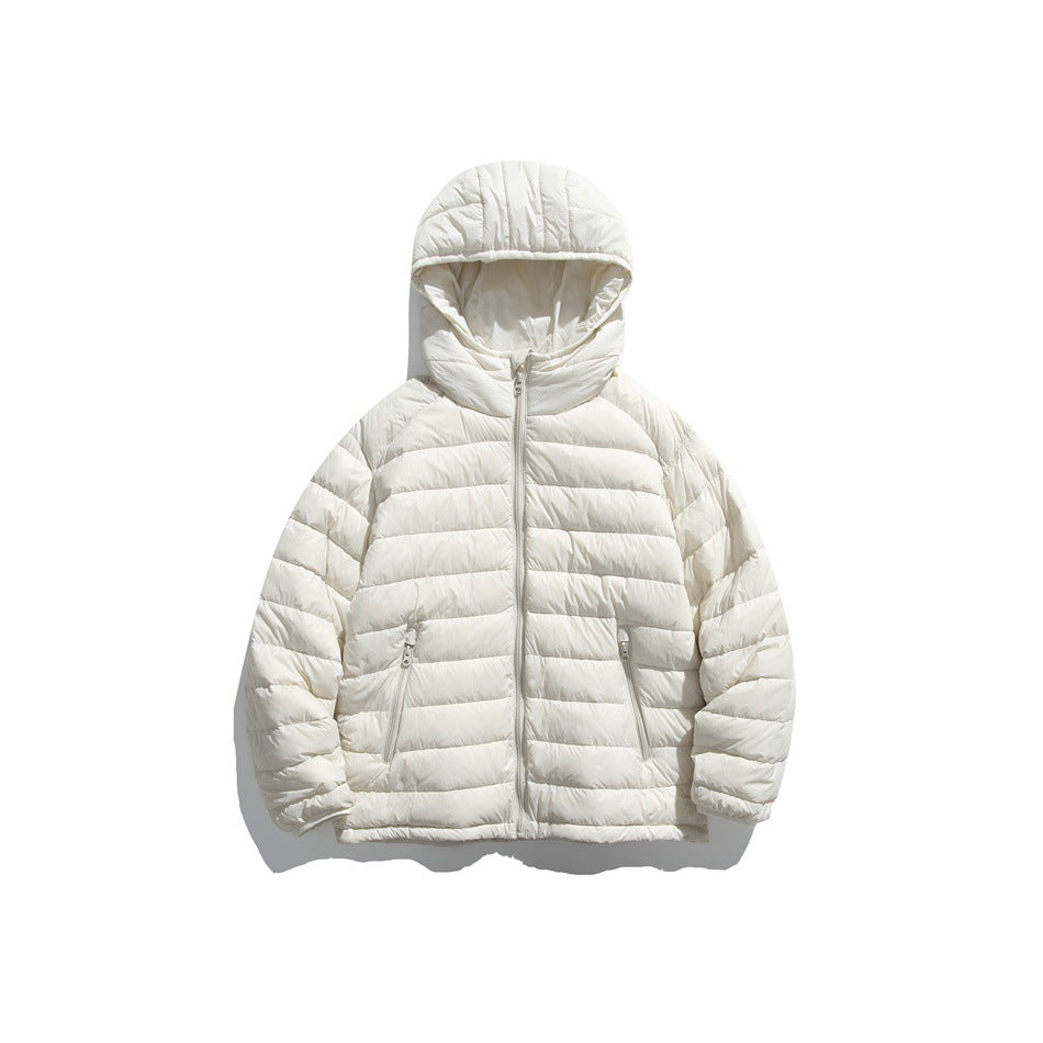 Light gray hooded quilted puffer jacket, front flat view with zipper and zip pockets