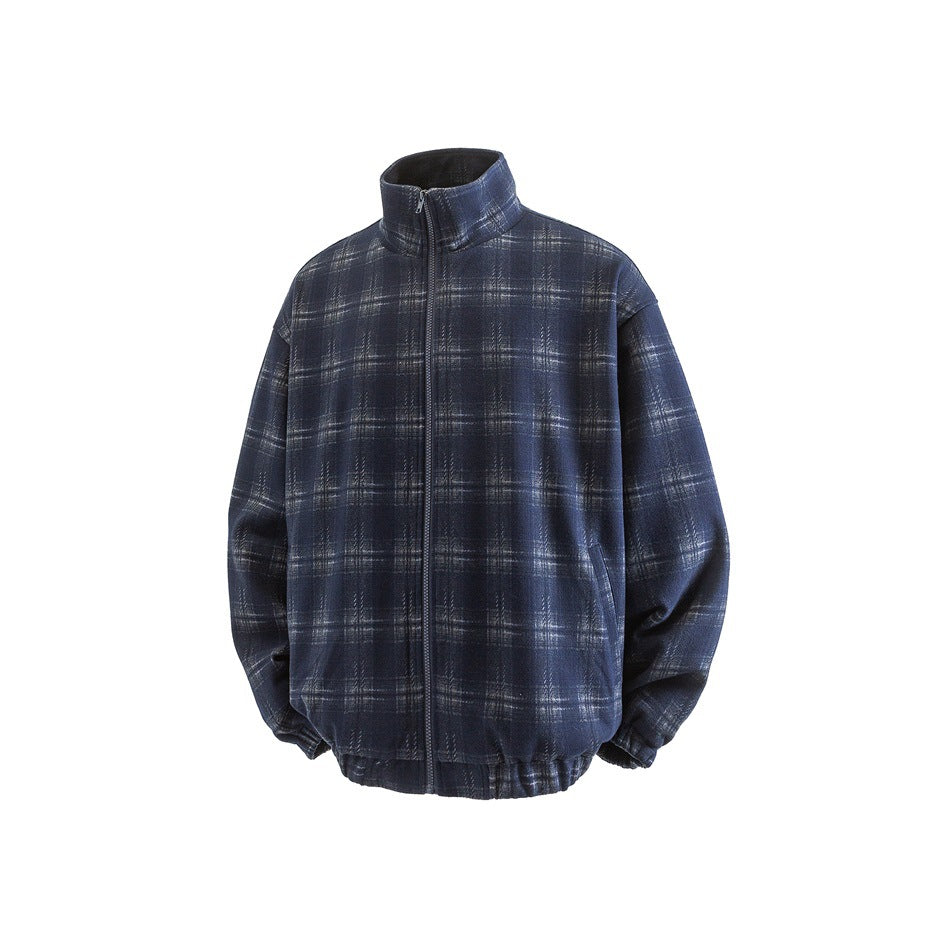 Navy blue plaid zip-up jacket with stand collar, elastic cuffs and hem, shown flat from the front at an angle