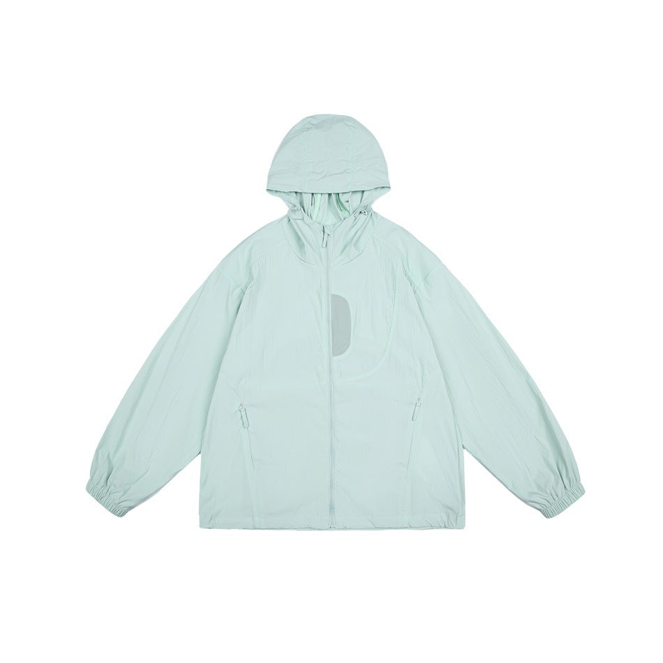 Mint green hooded zip jacket flat lay with side zip pockets, elastic cuffs and a gray chest panel