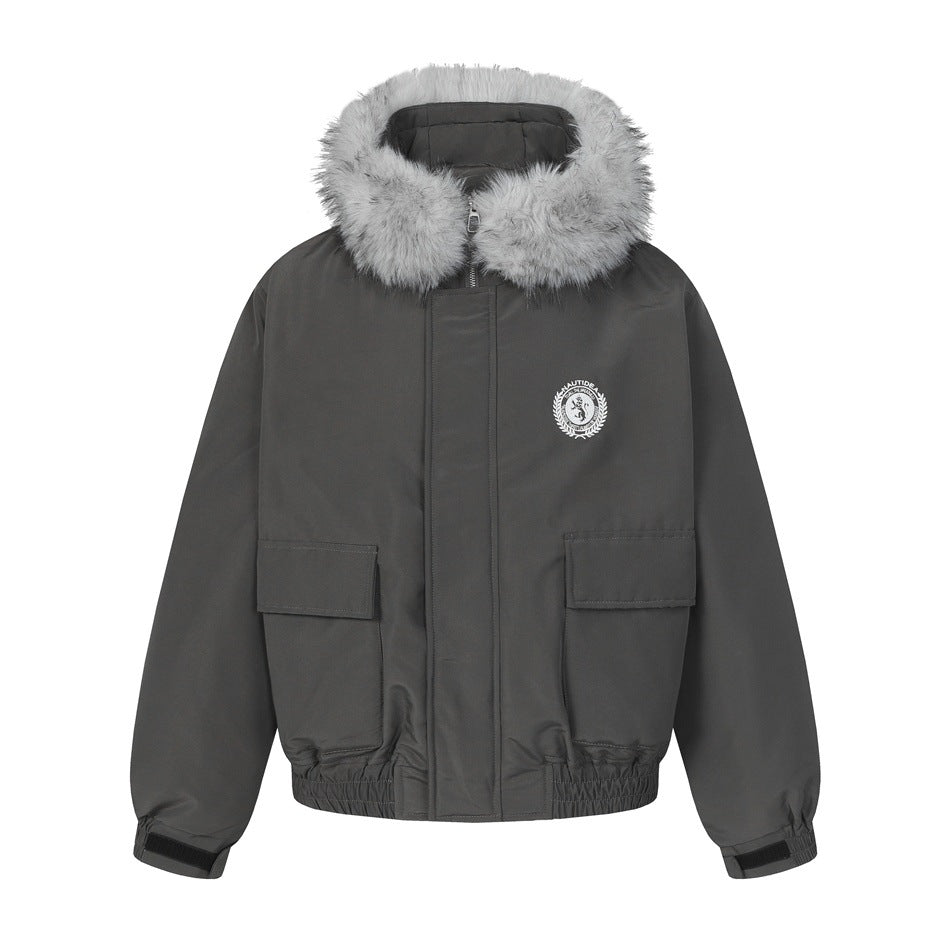 Gray hooded bomber jacket with light gray faux-fur trim, flap pockets and chest crest, front view