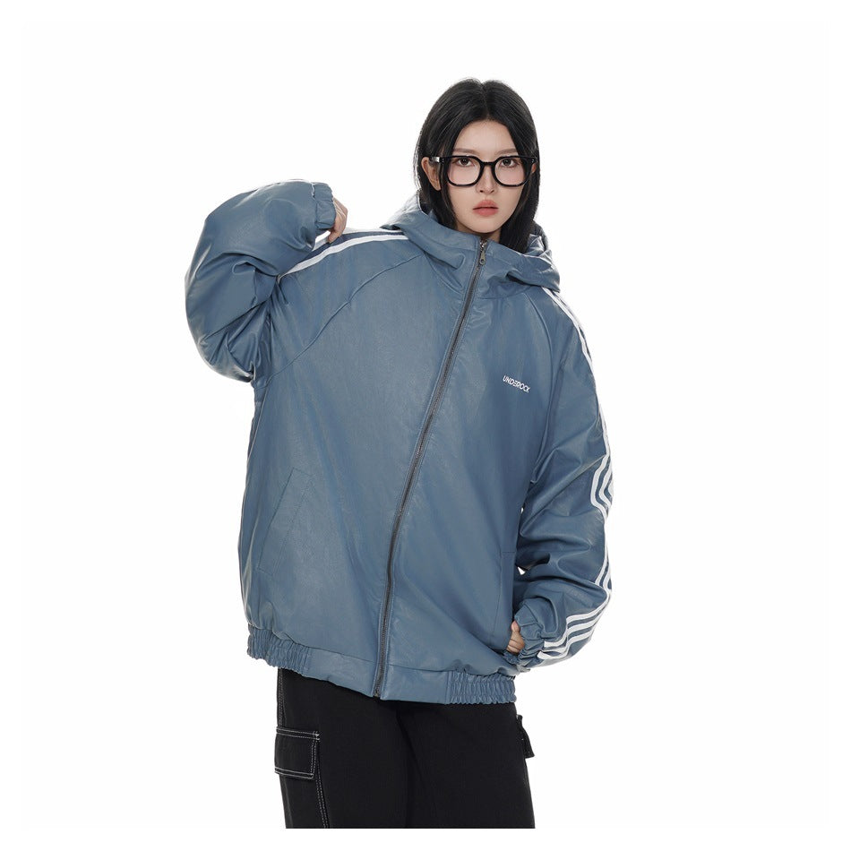 Model wearing a blue-gray hooded jacket with white shoulder and sleeve stripes, zip front and elastic hem.