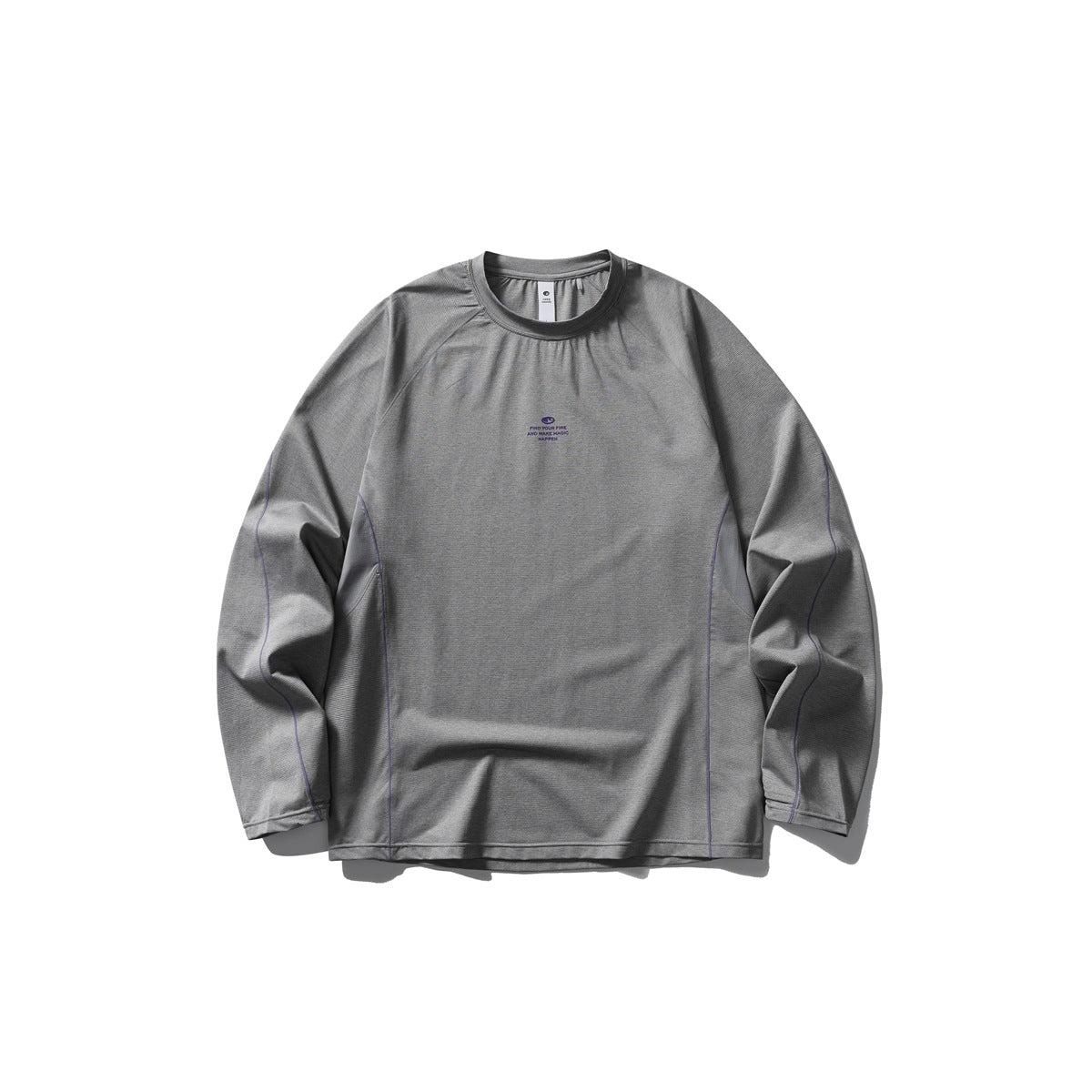 Gray long-sleeve raglan T-shirt flat lay with purple piping and small purple chest print