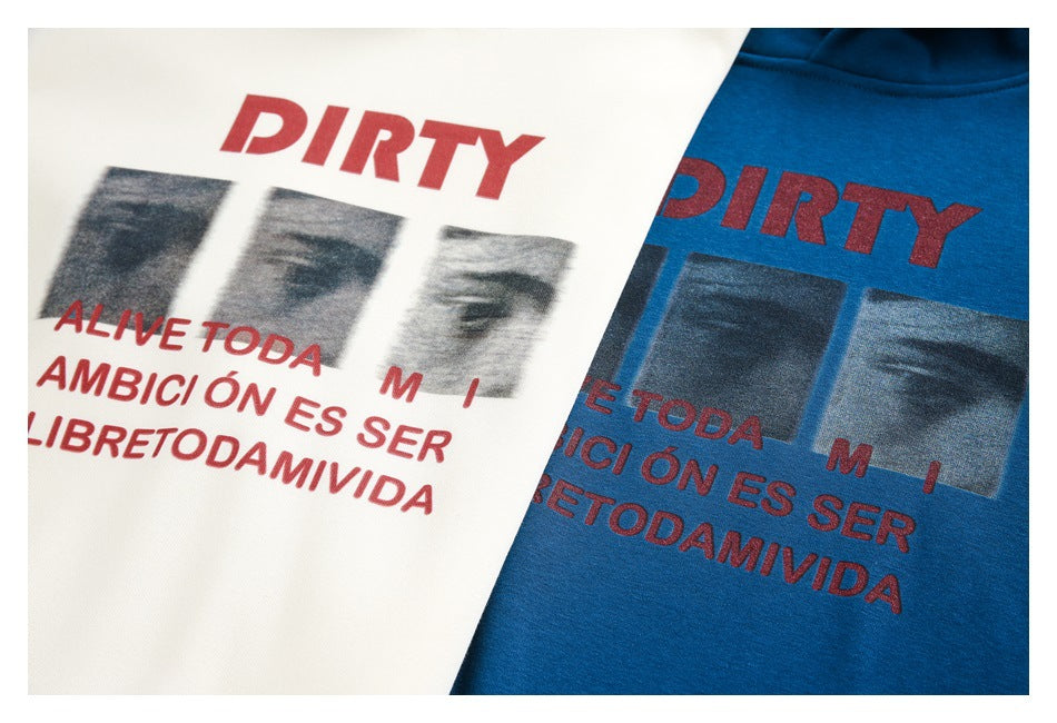 Close-up of red graphic prints on off-white and blue sweatshirts, with grayscale portrait panels and text.