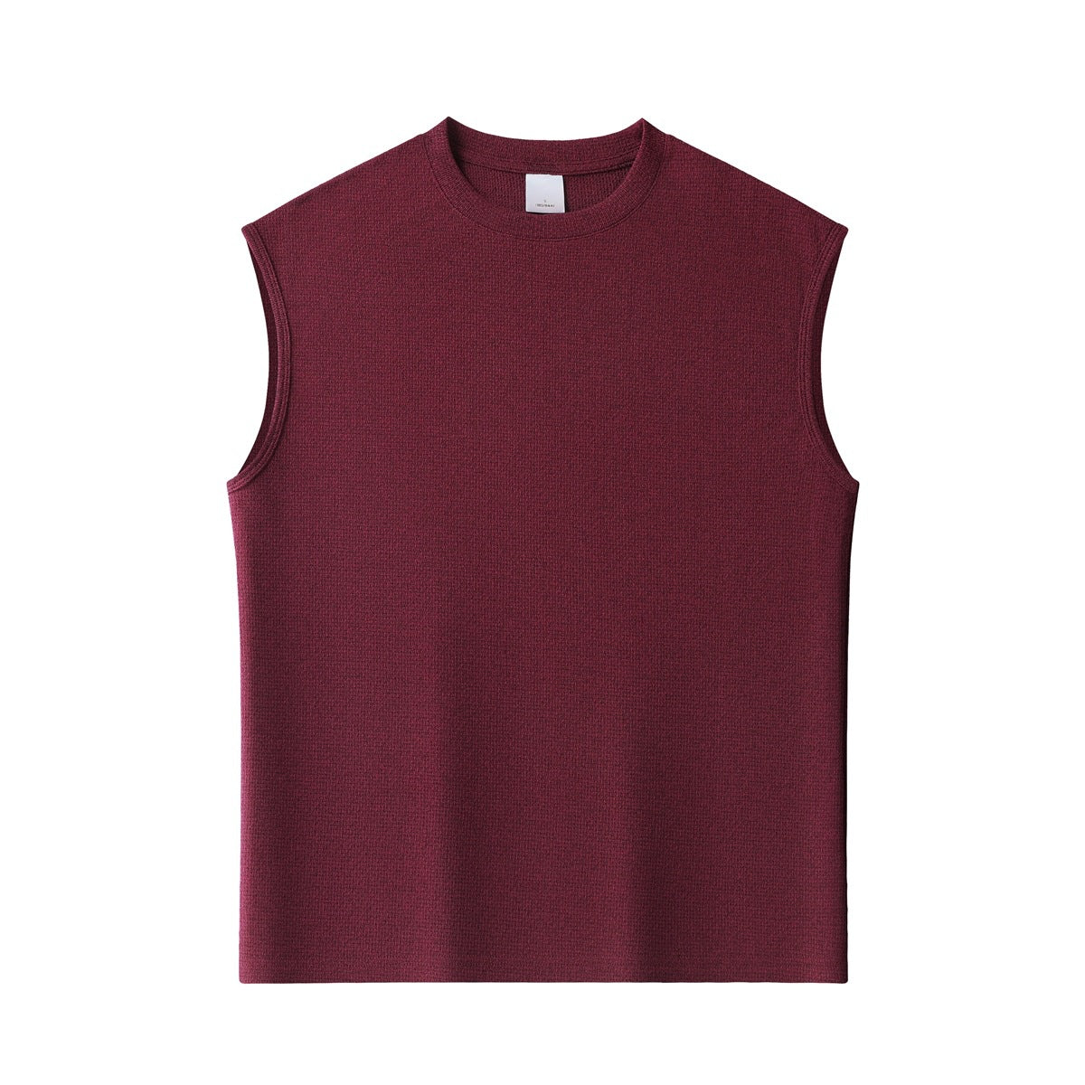 Burgundy sleeveless crew-neck tank top with a textured fabric surface, flat front view