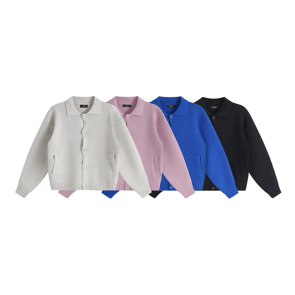 Four front-view knit cardigans with collars, buttons, pockets, and ribbed trim in light gray, pink, blue, and black.