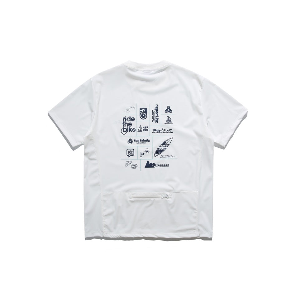 White short-sleeve tee back view with navy icon graphic print and a zippered pocket at the lower back
