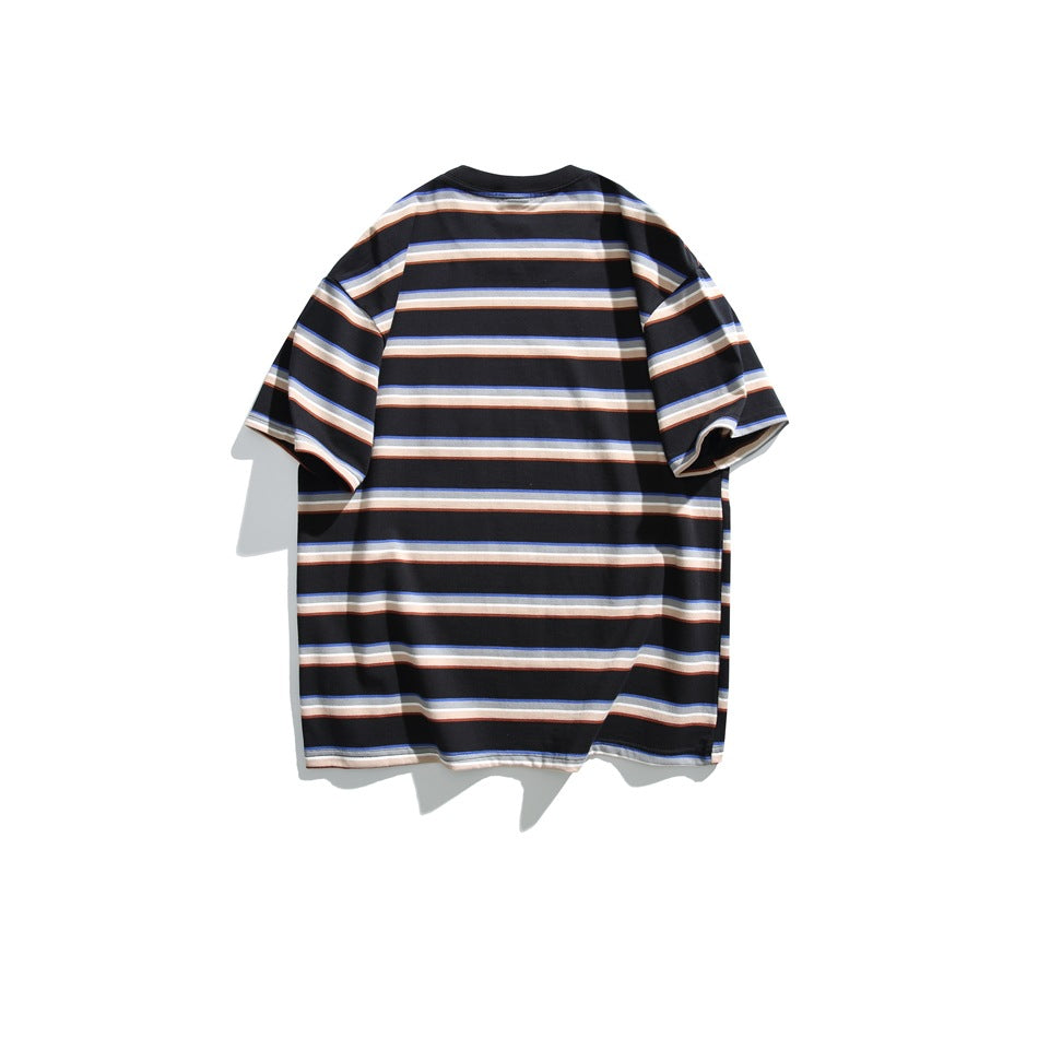 Back view of a short-sleeve black T-shirt with horizontal white, blue, and rust-orange stripes.