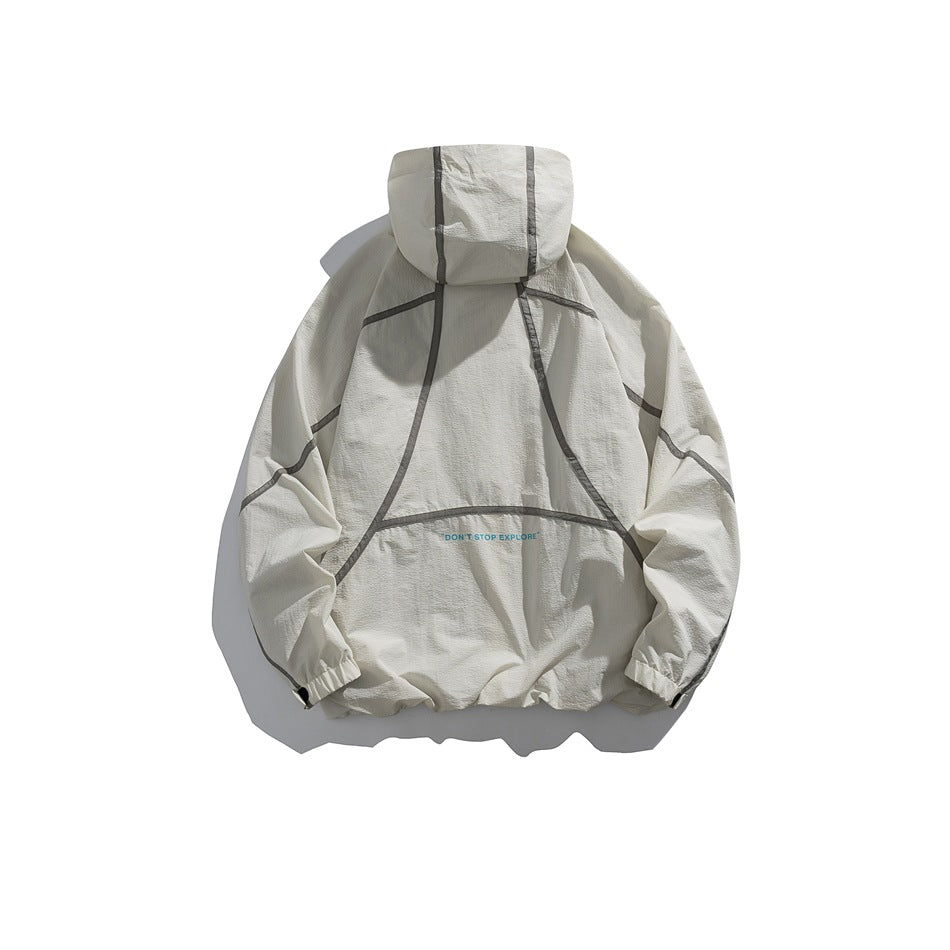 Off-white hooded pullover jacket shown from the back, with dark seam detailing and elastic cuffs.