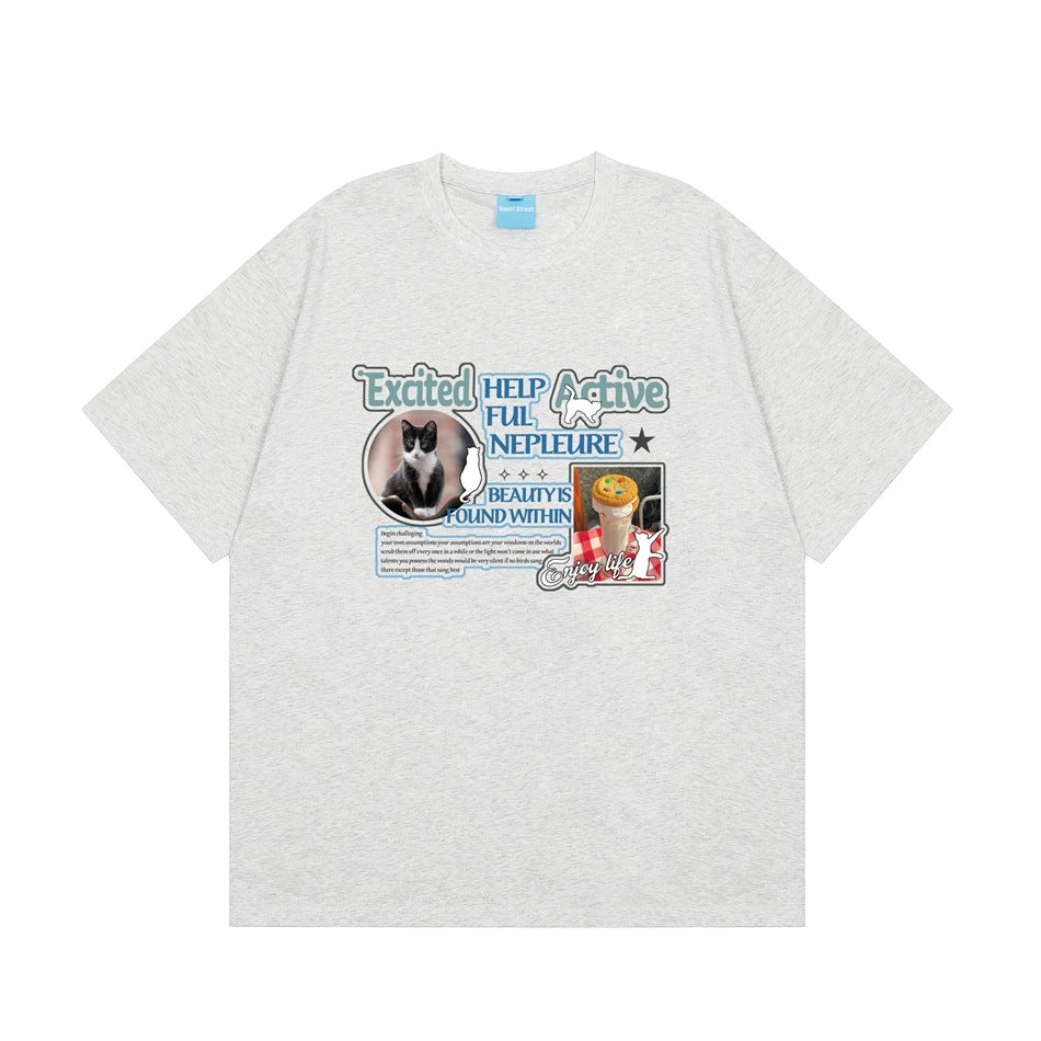 Heather gray short-sleeve T-shirt with cat photo, milkshake photo and retro slogan graphic on the chest