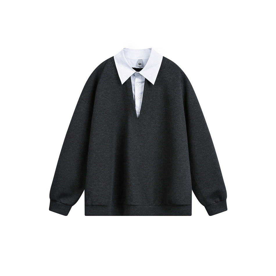 Dark gray pullover sweatshirt with white striped shirt collar and placket under a V-neck, flat lay front view