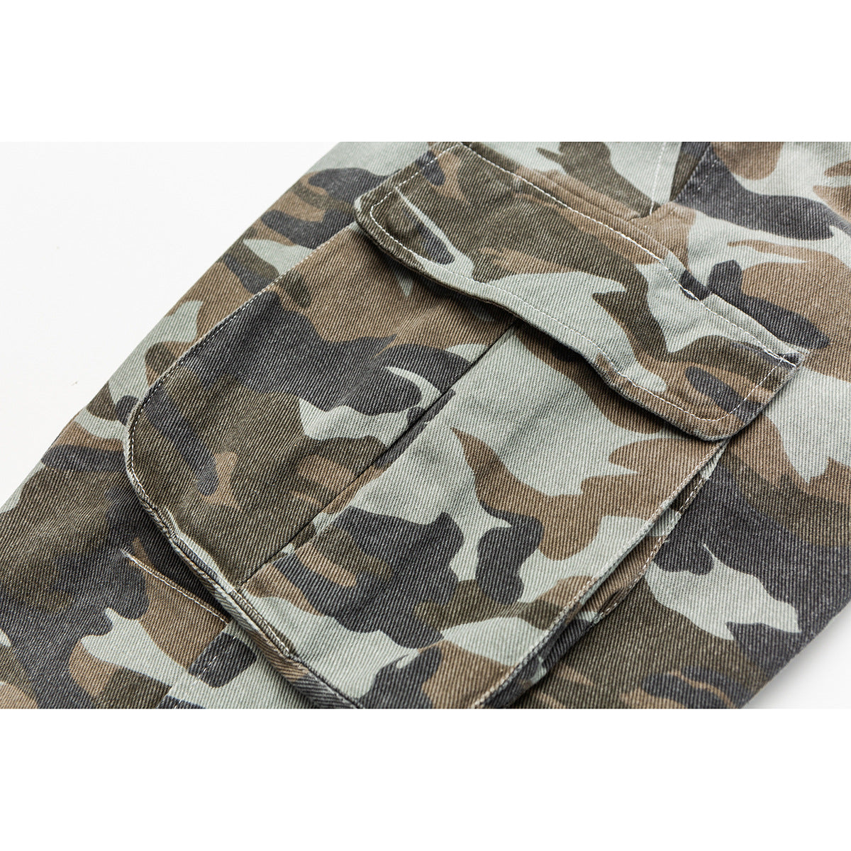 Close-up of a flap cargo pocket on brown, black and sage camouflage trousers.