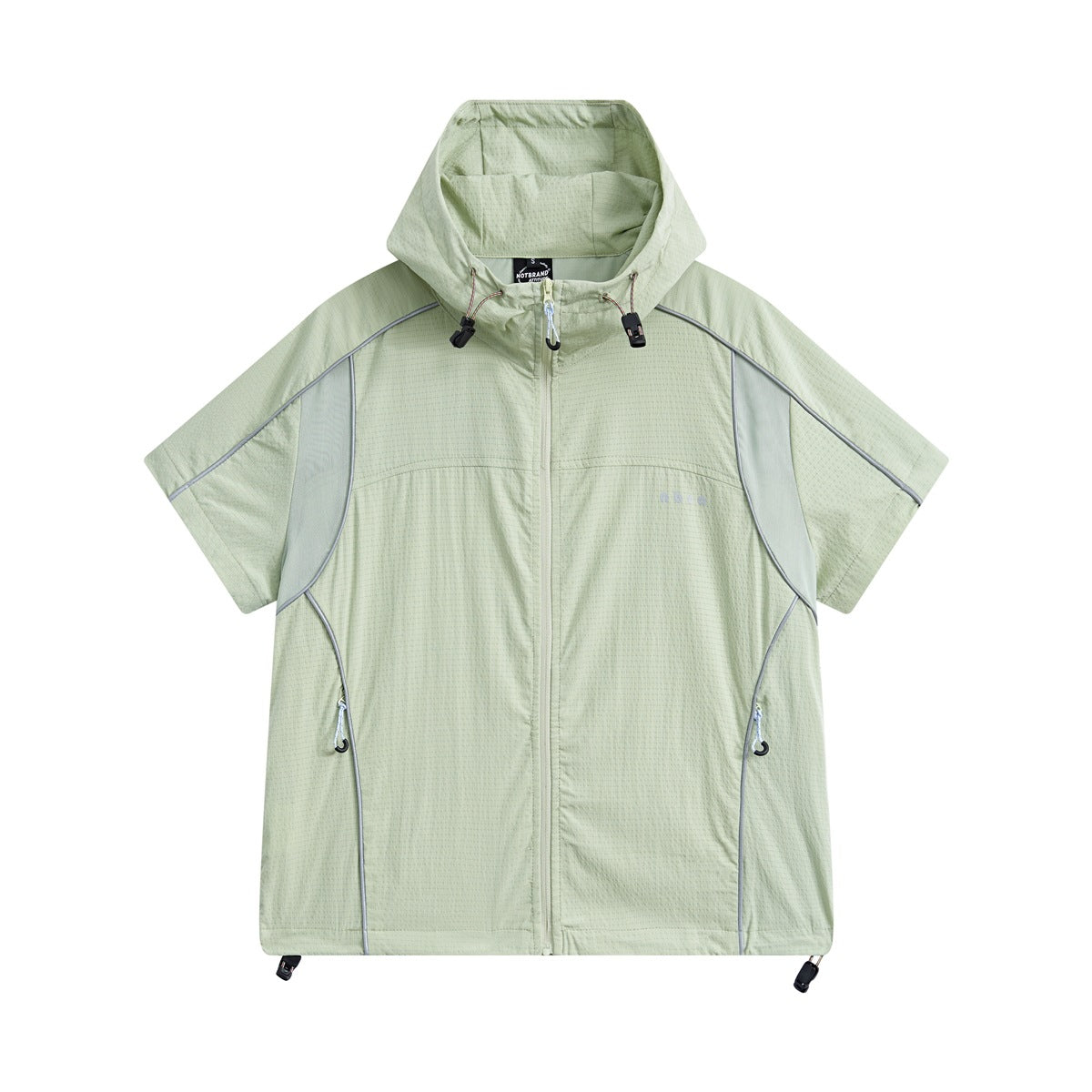 Light green short-sleeve hooded zip jacket with gray piping, side panels and drawstring toggles, front view