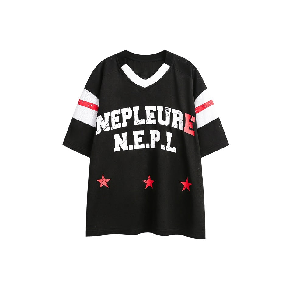 Black mesh-look V-neck jersey T-shirt with white sleeve bands, red stripes, NEPLEURE graphic and red stars