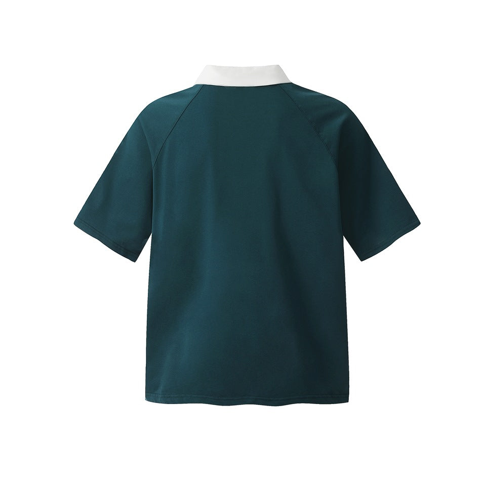 Back view of dark green short-sleeve polo top with white collar and raglan sleeves, plain back