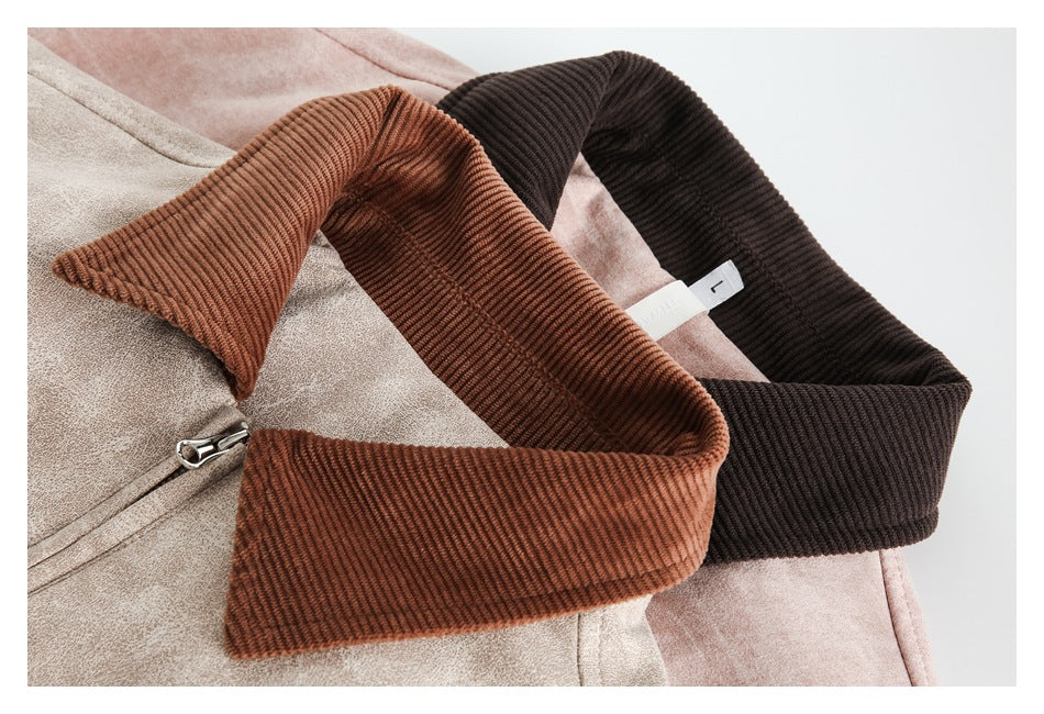 Close-up of beige and pink jacket collars, showing brown and dark ribbed collar options and a zipper.