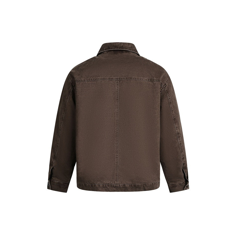 Back view of a brown washed jacket with a pointed collar, long sleeves, and a center back seam.