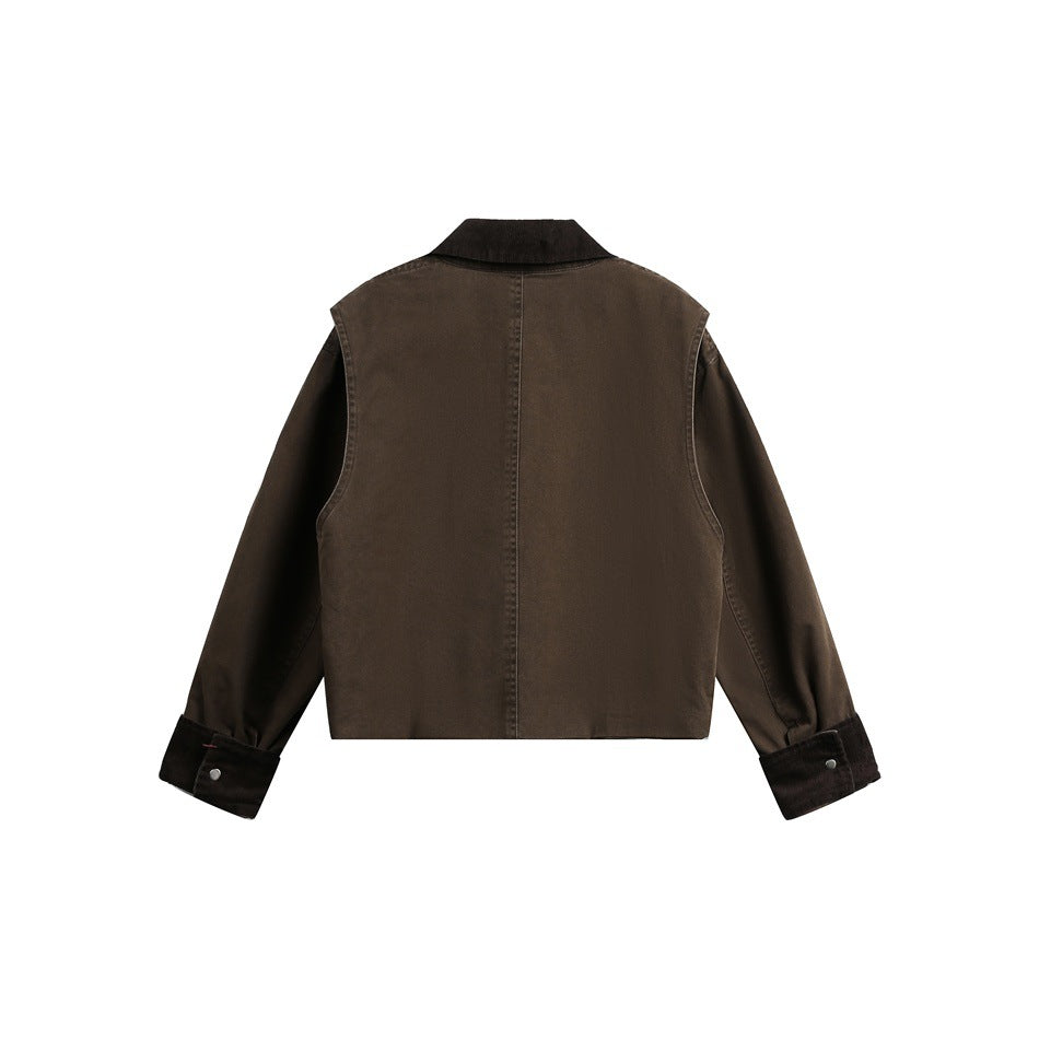 Back view of a dark brown jacket with a darker collar and cuffs, long sleeves, and a center back seam.