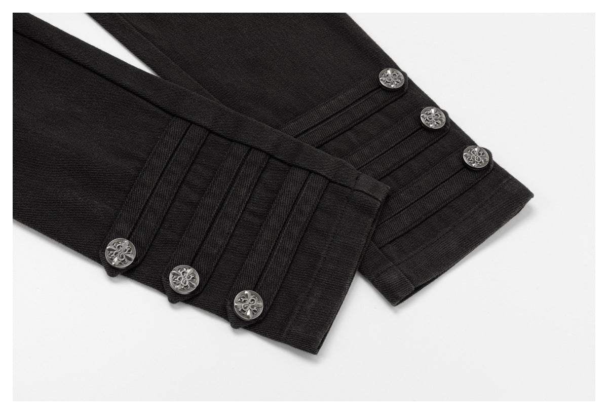 Black garment cuffs with pleated bands and ornate silver buttons shown overlapping.