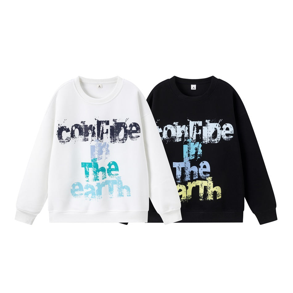 White and black crewneck sweatshirts shown from the front, each with distressed multicolor lettering.