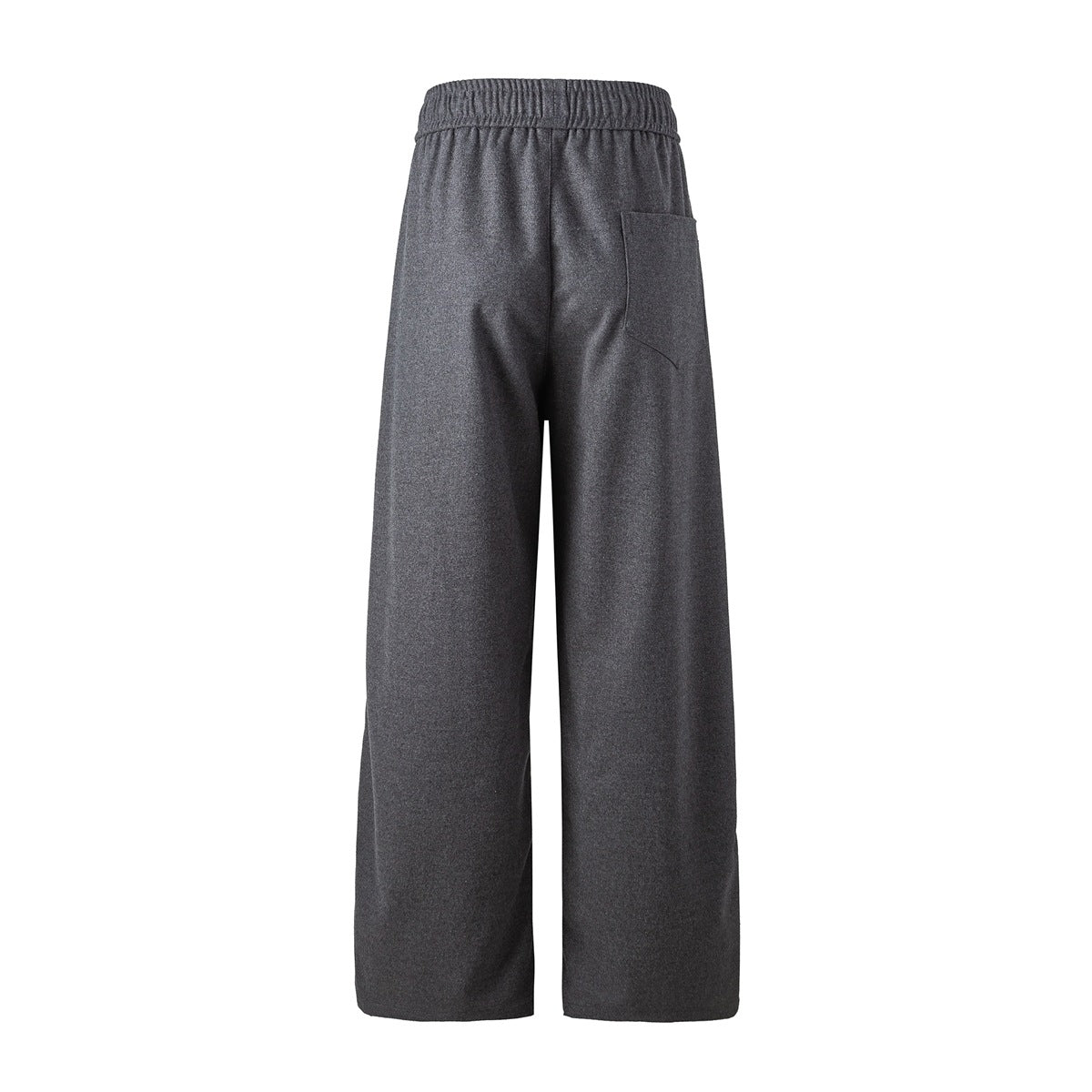 Back view of charcoal gray wide-leg pants with an elastic waistband and a rectangular pocket.