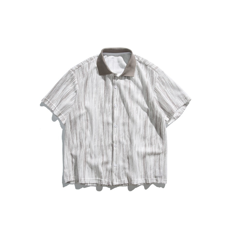 Khaki and white streaked short-sleeve button-up shirt with taupe collar, flat lay front view