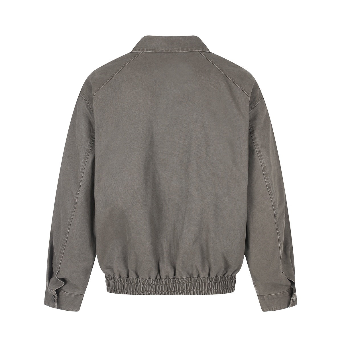 Back view of a gray jacket with a pointed collar, raglan sleeves, and gathered hem.